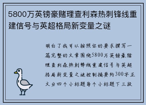 5800万英镑豪赌理查利森热刺锋线重建信号与英超格局新变量之谜
