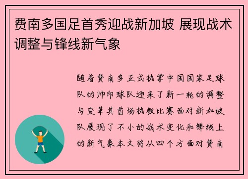 费南多国足首秀迎战新加坡 展现战术调整与锋线新气象